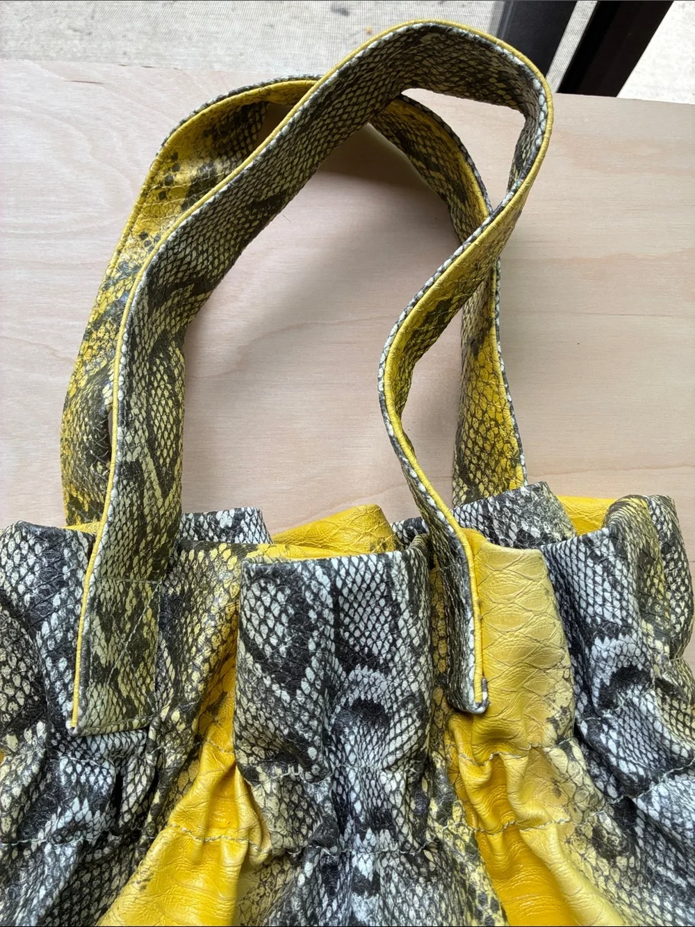 Yellow Thea B Snake-Print Drawstring Tote Bag